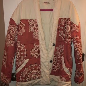 Free People pink and white paisley puffer coat